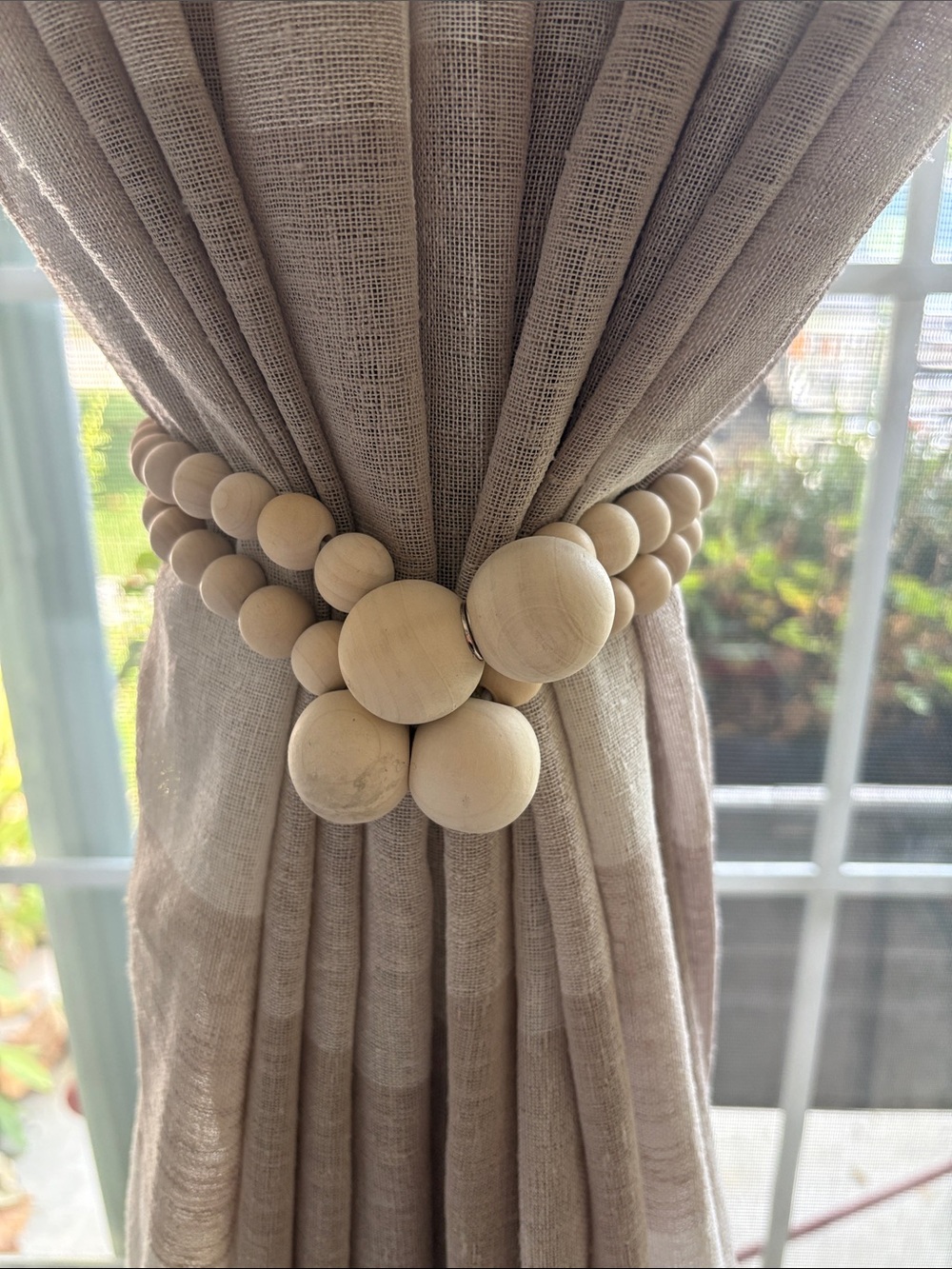 Pair of Wooden Bead Curtain Tieback in Natural Beige with Magnets at Closure